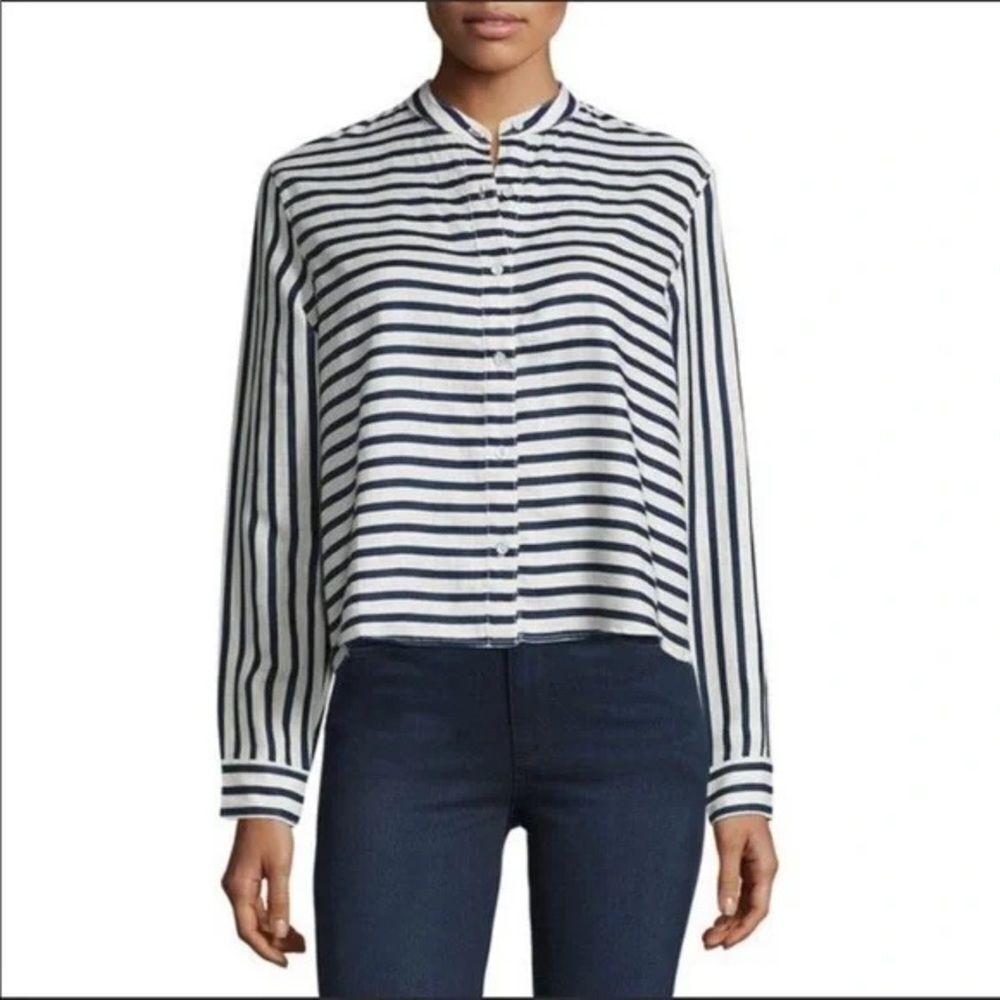 🎀Rag & bone Leeds white and blue striped linen button up blouse small Mandarin